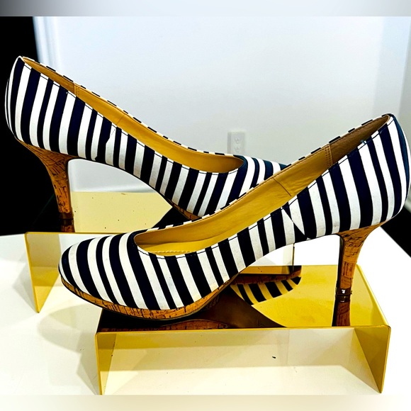 Kelly & Katie Shoes - EUC Kelly and Katie Navy and White Striped 1.5” Cork Heels Size 7.5